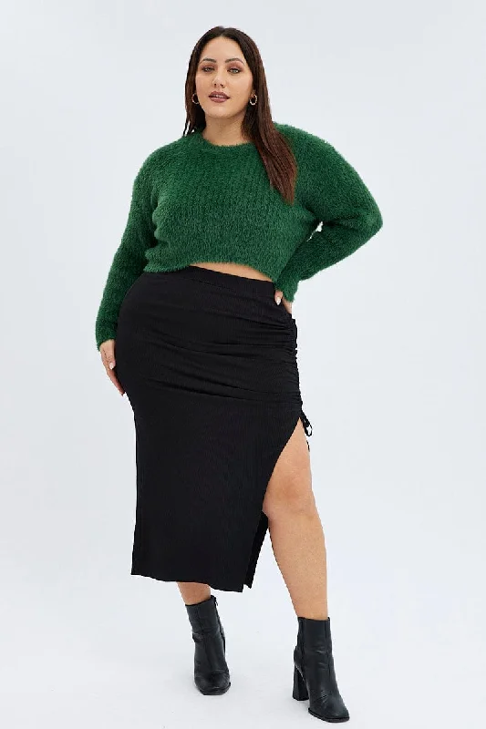 Black Midi Skirt Side Split Rib