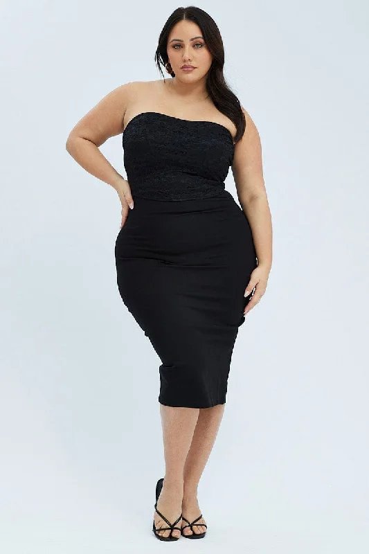 Black Pencil Skirt High Waist Stretch Ponte Midi