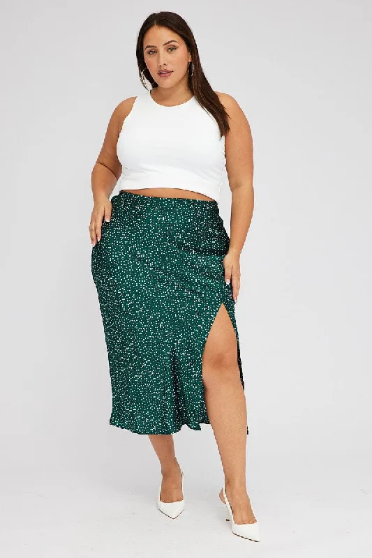 Green Polka Dot Satin Slip Skirt With Split