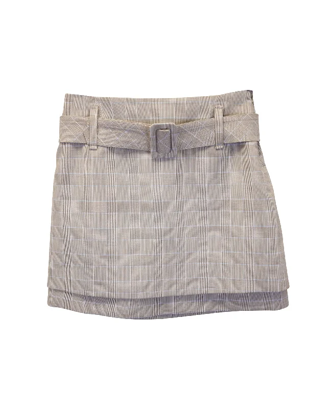 Maje Jikam Belted Checked Layered Mini Skirt in Beige Viscose