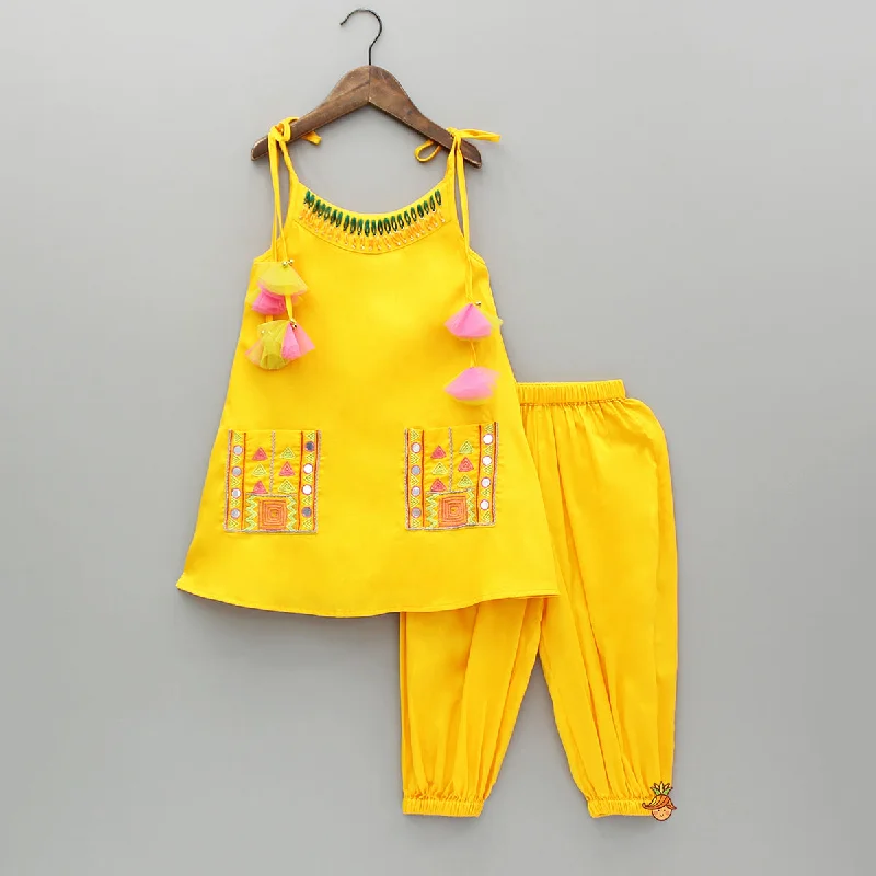 Yellow Thread Embroidered Neckline Strappy Kurti With Patiala