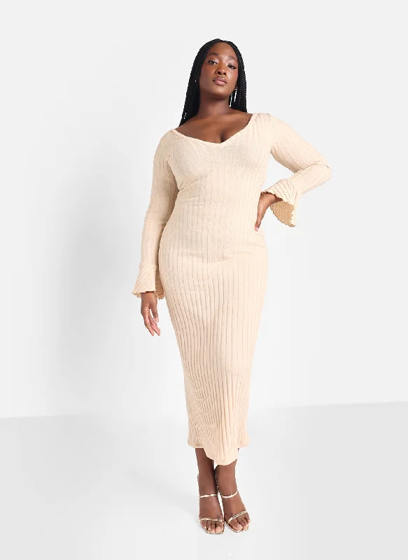 Lumi Knit Ribbed Bell Sleeve Maxi Bodycon Dress - Ivory